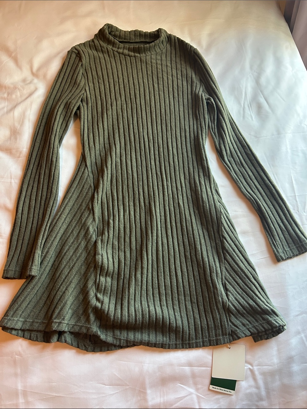 HALARA Olive Ribbed Mock-Neck Long-Sleeve Swing Dress